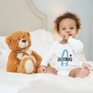 Body de bebé cigüeña azul con nombre personalizado, letra inicial, regalo de estrella para niños pequeños, algodón orgánico de manga larga