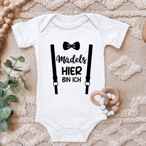 Blauwe ooievaar baby bodysuit in verschillende kleuren &quot;Meisjes, hier ben ik, bretels&quot; met verjaardagscadeau voor peuter