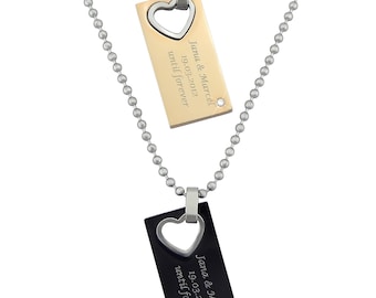 Collares personalizados con grabado Collares de socios Dog Tag Heart Gold / Negro Acero inoxidable Regalos personalizados Parejas