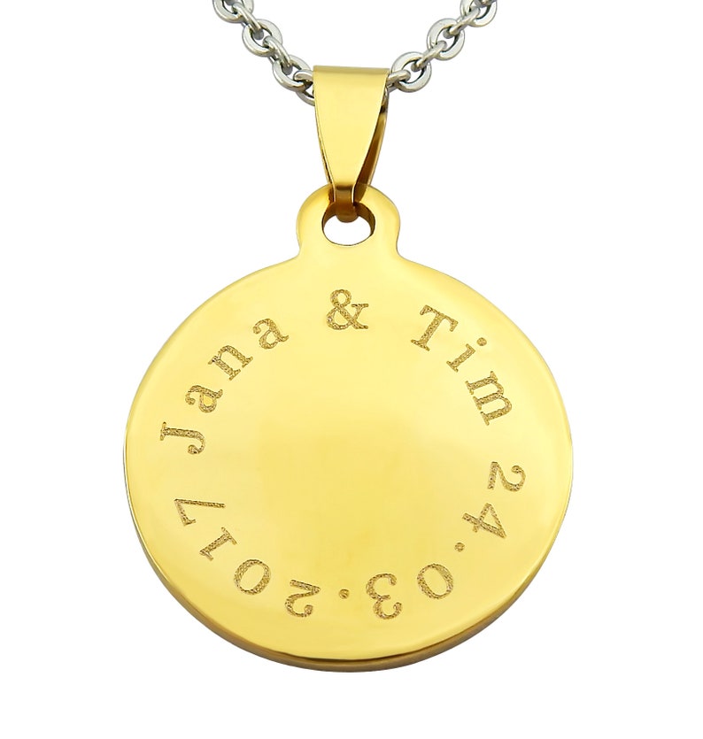 Personalisierte Kette mit Gravur Anhänger mir runder Gravur aus Edelstahl in Gold personalisierte Geschenke Bild 1