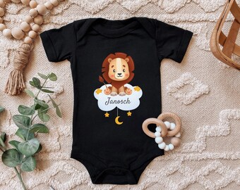 Baby Bodysuit "Little Lion on Cloud, Moon and Stars, Personalized with Name of Your Choice" Gift Birth Birthday Toddler Short Sleeve Organic Cotton