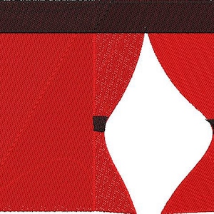 May include: Red curtains with black trim are pulled back to reveal a white background.