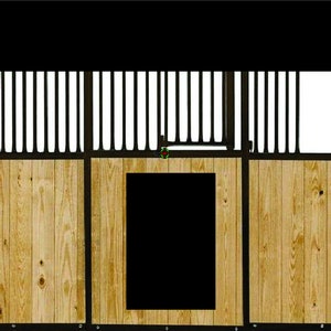 May include: A wooden horse stall with a black metal gate and a black metal door. The stall is made of horizontal wooden planks.