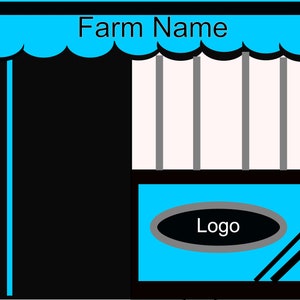 May include: A blue and black storefront with a sign that reads "Farm Name" and a blue window with a black oval that says "Logo".