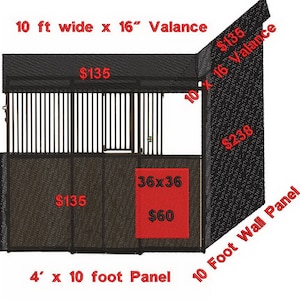 May include: A black stall door with a red 36x36 inch panel, a 10 foot wide x 16 inch valance, and a 10 foot wall panel. The stall door has a price of $135, the panel is $60, the valance is $135, and the wall panel is $238.