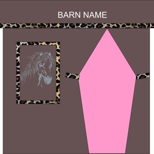 May include: A brown barn with a leopard print trim and the text "BARN NAME" above the trim. A pink diamond shape is on the right side of the barn. A framed image of a horse's head is on the left side of the barn.