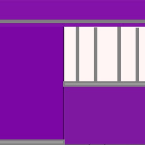 May include: A purple storefront with a gray awning and a window with four vertical bars. The storefront has a solid purple door on the left side.