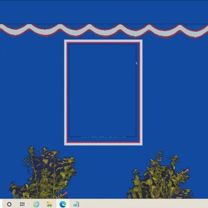 May include: A blue wall with a white and red wavy trim. A window with a white frame is in the center of the wall. Two green bushes are in front of the wall.