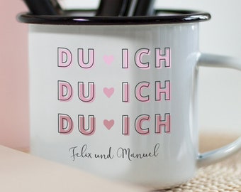 Valentinstag Geschenk Emailletasse "Du & ich" für Paare personalisierbar mit Namen