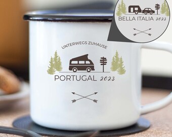 Emaille-Tasse "CAMPINGtour" für Camper personalisiert - verschiedene Motive als Camping Geschenk