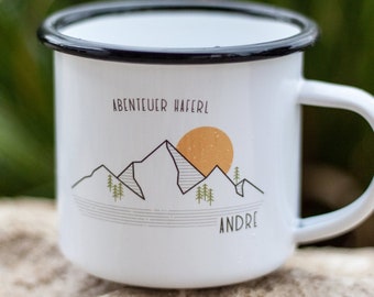 Emailletasse "Abenteuer Haferl" personalisierbar mit Name, Kaffeebecher zum Wandern und Campen, Geschenkidee für Wanderer und Bergsteiger