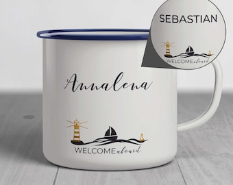 Emaille-Tasse "WELCOME aboard" personalisierbar mit Namen als Geschenk zum Segeln oder für die Kreuzfahrt