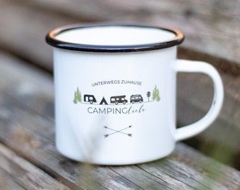 Campingbecher "CAMPINGliebe" Emailletasse als Geschenk für Camper oder zum Wohnmobilkauf