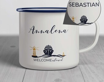 Kreuzfahrttasse "WELCOME aboard" personalisierbar mit Namen als Geschenk für die Kreuzfahrt