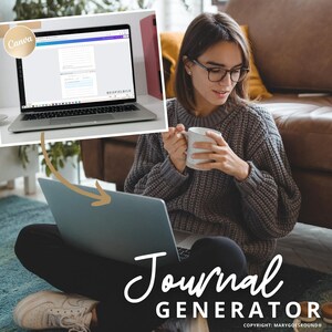 May include: A woman is sitting on a rug with a laptop on her lap. The laptop screen displays a Canva design with the text "Beispielbild". She is holding a white mug in her right hand. The text "Journal Generator" is written in white cursive font on the rug. The text "COPYRIGHT: MARYGOESROUND&reg;" is written in black font below the text "Journal Generator".