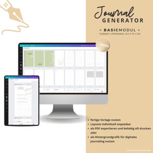 May include: A computer screen displaying a Canva design template for a journal. The template is titled "Journal Generator" and includes a basic module with a personal format of 9.5 x 17.1 cm. The screen shows a variety of journal pages with different layouts and designs.