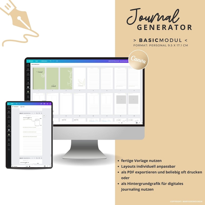 May include: A computer screen displaying a Canva design template for a journal. The template is titled "Journal Generator" and includes a basic module with a personal format of 9.5 x 17.1 cm. The screen shows a variety of journal pages with different layouts and designs.