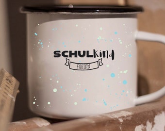 Emailletasse "Schulkind" personalisierbar mit Name zum Schulanfang