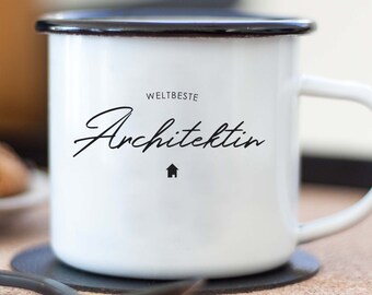 Hausbau Geschenk Emailletasse "Architektin" zum Richtfest oder Hauskauf