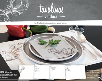 Tischset Papier-Tavolinas-Verdura-Gemüse-stilvolle Tischdeco-weiß-mediterran-24-Blatt-individuel beschriftbar-Hochzeit-feiern-festlich