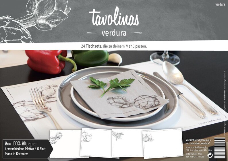 Tischset Papier-Tavolinas-Verdura-Gemüse-stilvolle Tischdeco-weiß-mediterran-24-Blatt-individuel beschriftbar-Hochzeit-feiern-festlich Bild 1