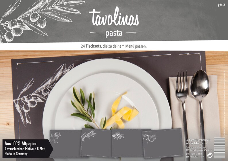 Placemat paper-Tavolinas-pasta-noodles-stylish table decoration-slate-mediterranean-24-sheets-individually writable-wedding-celebrate-festive image 1