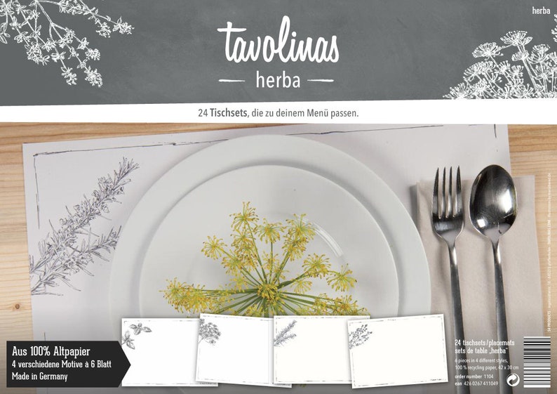 Tischset Papier-Tavolinas-Herba-Kräuter-stilvolle Tischdeco-weiß-mediterran-24-Blatt-individuel beschriftbar-Hochzeit-Party-feiern-festlich Bild 1