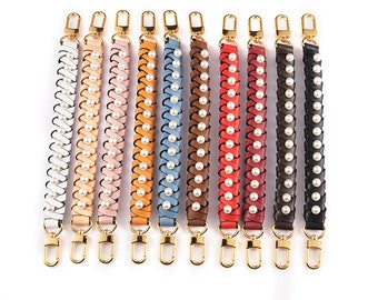 2.5CM Width 31CM Length High Quality Spilt Braided Genuine Leather Purse Strap, Pearls Shoulder Handbag Strap Chain, Bag Handle Replacements