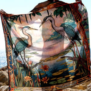 Ai fashion pattern on Beach wrap pareo, satin coverup to use over swimsuit, cranes in a lake