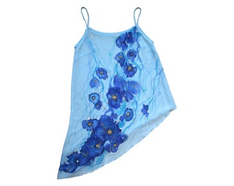 Luxury azure blue tank top with straps, XS size, hand-painted with floral motives, chiffon, asymmetrical line, nymph dress