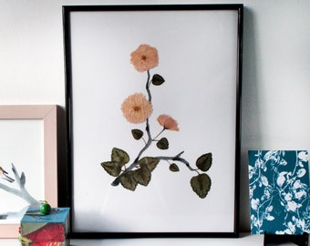 Botanical art, hand made collage met roze kersenbloesem met bladeren en tak