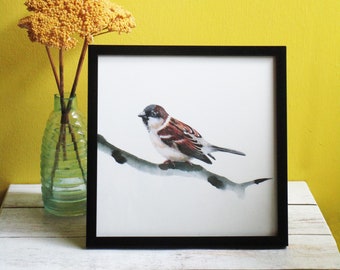 Art print with a sparrow on a branch