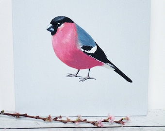 Painting with bullfinch on wood