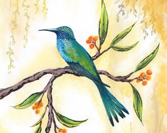 Art print, kolibrie op tak met besjes, tropisch, geschilderde vogel op takje, vintage style, vogel en tak met planten