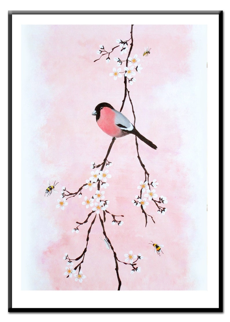 Poster: Bullfinch on blossom branch, and insects on prink background image 1