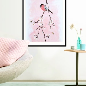 Poster: Bullfinch on blossom branch, and insects on prink background image 2