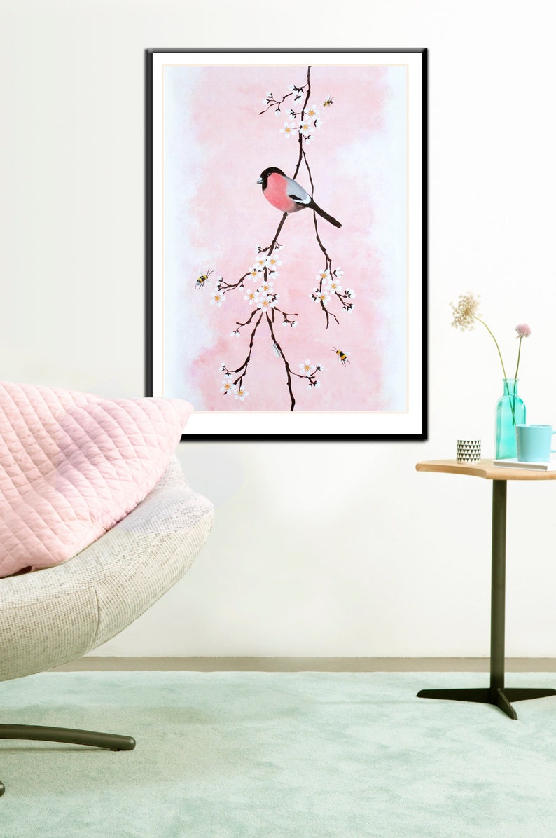 Poster: Bullfinch on blossom branch, and insects on prink background image 2