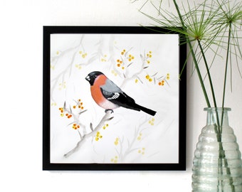 Art print with bullfinch on branch, bird portrait, art with a bird on a branch, bird art, printed art, english birds