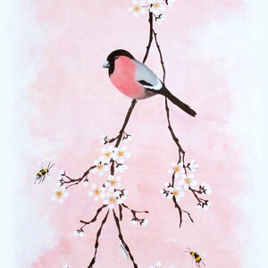 Poster: Bullfinch on blossom branch, and insects on prink background image 3