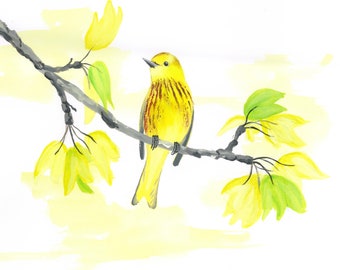 Art print, vogel op tak met bladeren, geelgors, vogel in de zomer, vogel aan de wand.