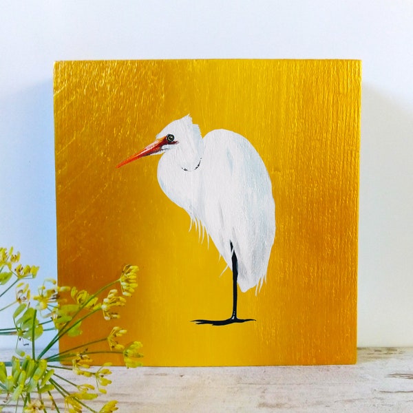 Oiseau peint au bois,  Grande Aigrette, a d'or