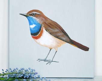 Vogels geschilderd op hout: Blauwborst, vogelschilderij, natuur aan de muur, portret van een blauwborst