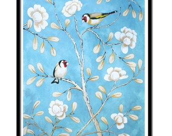 Art print: 2 Goldfinches in camelia's, with flowers and leafs, on blue background, chinoiserie