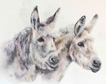 A watercolour giclee print of a pair of donkeys  by Jane Davies