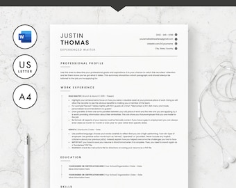 Barista Resume Template for Microsoft Word, Server Resume, Waitress Resume for Word, Resume for Servers, Hostess Resume, Bartender Resume