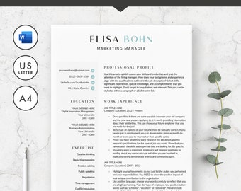 Modern Resume Template for Word, Instant Download, Professional Resume, Modern Resume Format, Marketing Resume, Resume and Cover letter