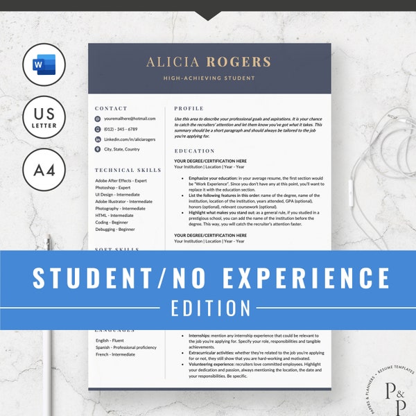 Resume for students, Student Resume Design for Microsoft Word, Resume for high school student, Resume for first job, College Student Resume