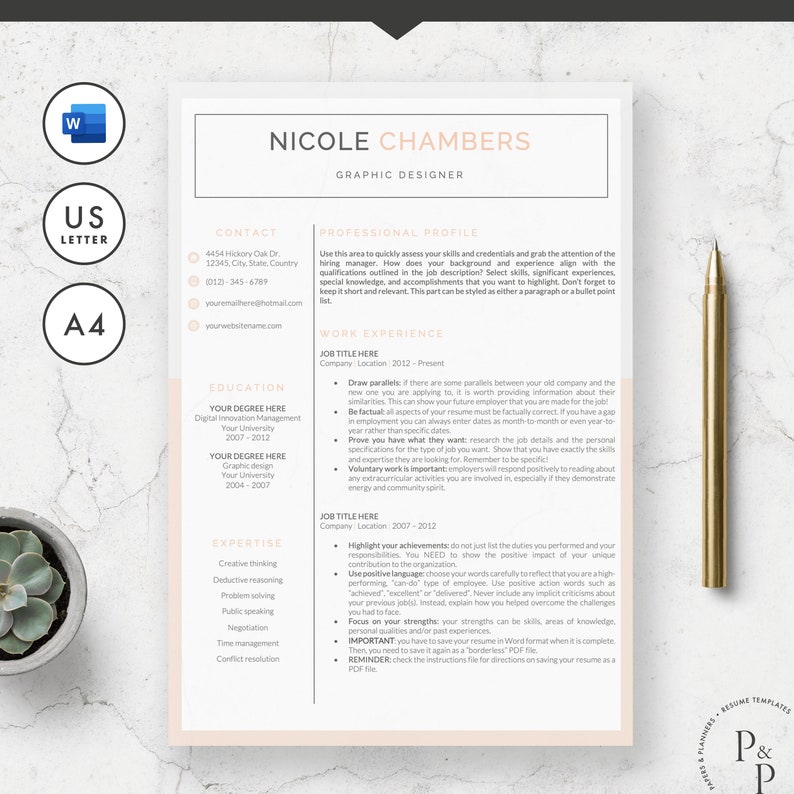 Professional Resume Template For Word One Two And Three Page Etsy