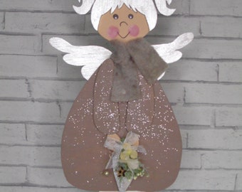 Engel aus Holz in Beige-Silber Weihnachtsdeko Holzfiguren