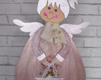 Wooden angel in cappuccino silver Christmas decoration wooden figures LED fairy lights